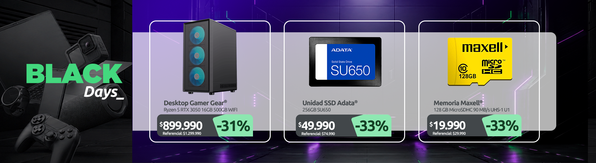 Desktop Gamer Ryzen 5 8400F RTX 3050 DDR5 16GB RAM 500GB SSD WIFI Unidad SSD 256GB SU650 Memoria 128 GB MicroSDHC 90 MB s UHS 1 U1Memoria 128 GB MicroSDHC 90 MB s UHS 1 U1