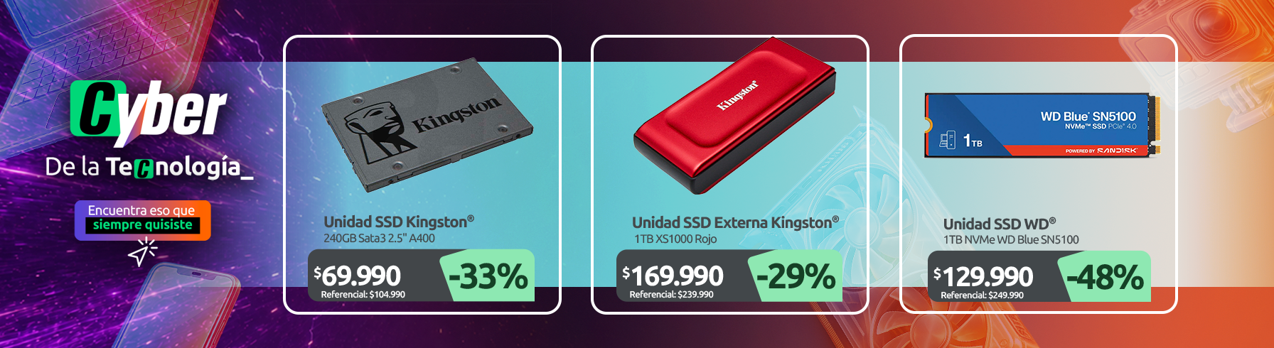 Unidad SSD 240GB Sata3 2 5" A400 Unidad SSD Externa 1TB Kingston XS1000 Rojo Unidad SSD 1TB NVMe WD Blue SN5100