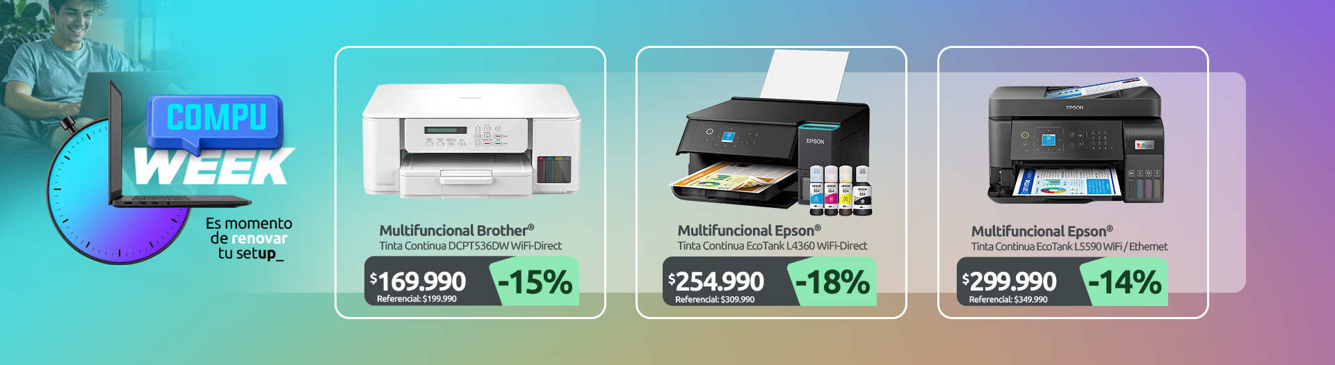 Multifuncional Tinta Continua InkBenefit Tank DCPT536DW WiFi Direct Multifuncional Tinta Continua EcoTank L4360 WiFi Direct Dúplex automático Multifuncional Tinta Continua EcoTank L5590 WiFi Ethernet