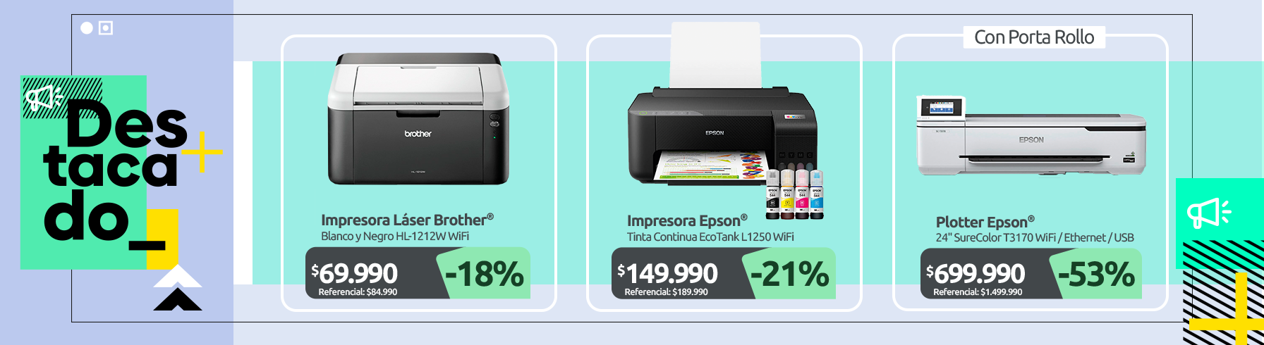 Impresora Láser Blanco y Negro HL 1212W WiFi Impresora Tinta Continua EcoTank L1250 WiFi Plotter 24" SureColor T3170 WiFi Ethernet USB con porta rollo
