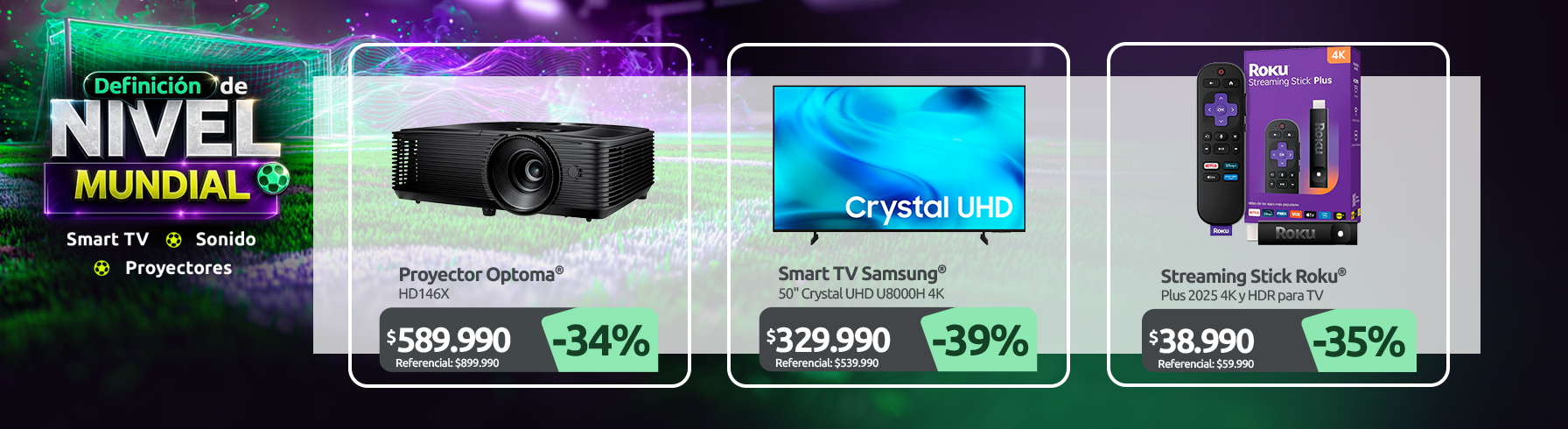 Proyector Optoma HD146X Smart TV Samsung 50" Crystal UHD U8000H 4K Roku Streaming Stick Plus 2025 4K HDR TV