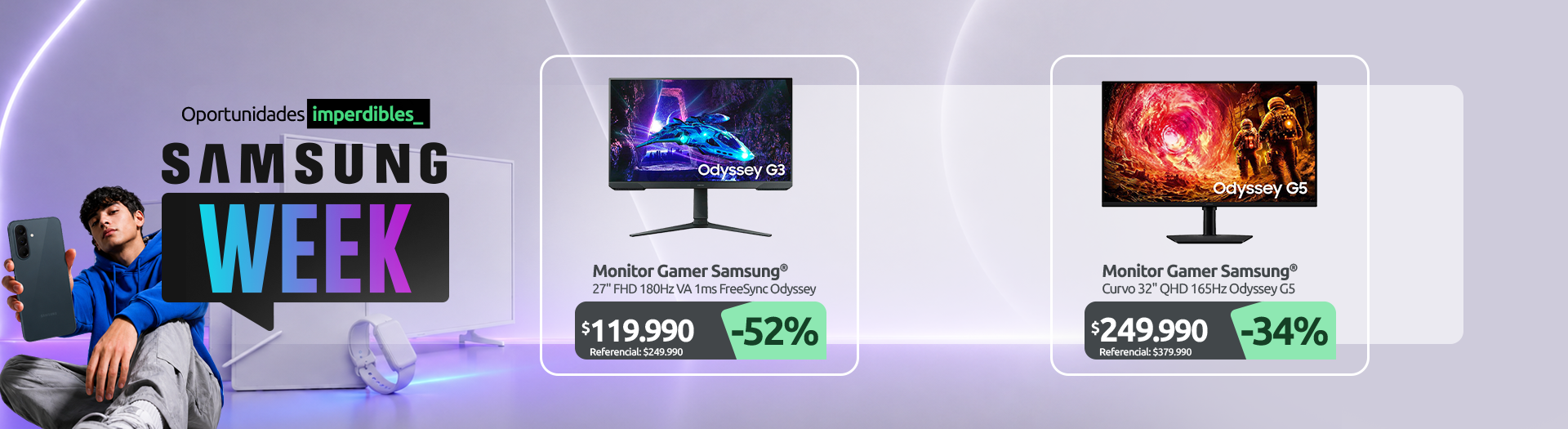 Monitor Gamer Samsung 27" FHD 180Hz VA 1ms FreeSync Odyssey G3 LS27DG300ELXZS Monitor Gamer Samsung 32" QHD 180Hz VA 1ms HDR10 FreeSync Odyssey G5 LS32FG500ELXZS