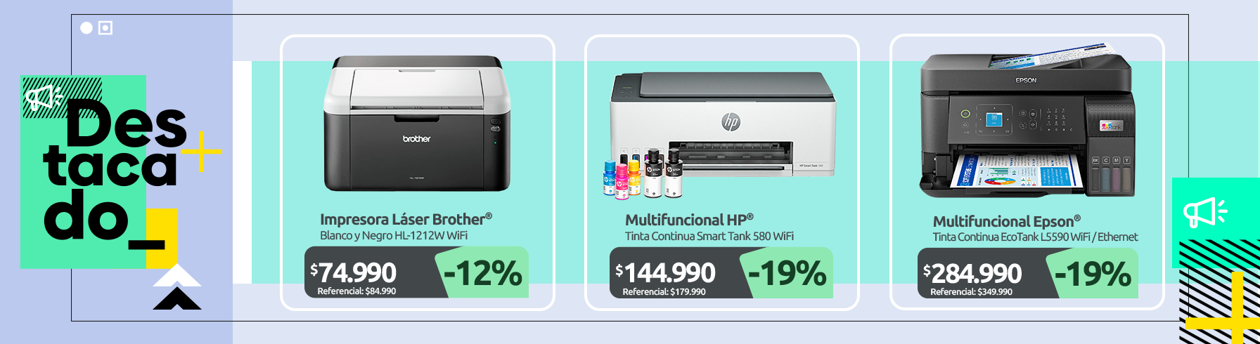 Impresora Láser Blanco y Negro HL 1212W WiFi Multifuncional Tinta Continua Smart Tank 580 Multifuncional Tinta Continua EcoTank L5590