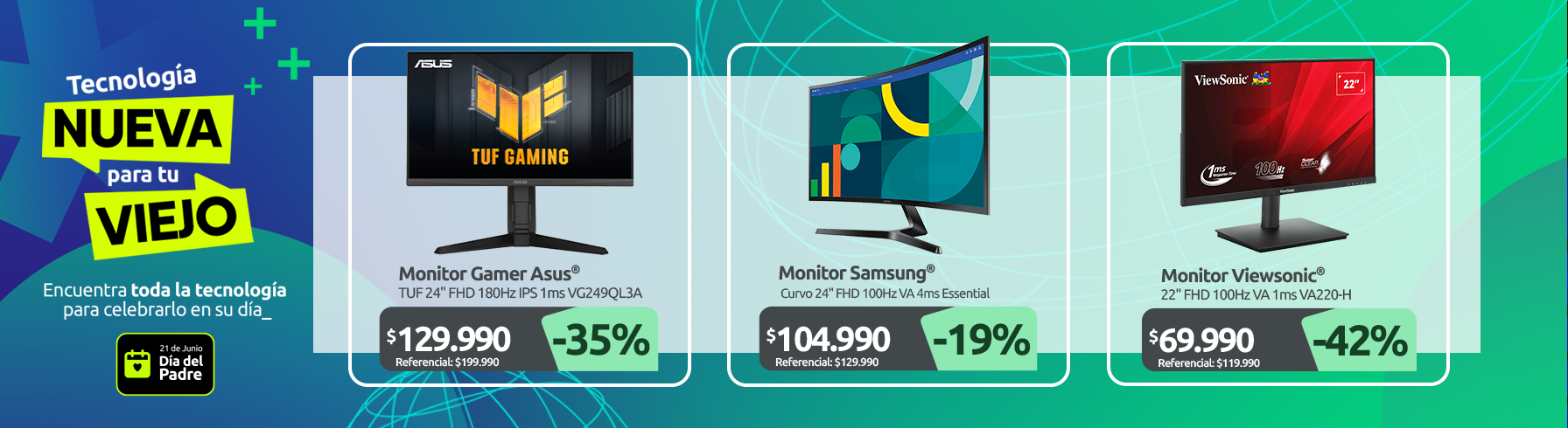 Monitor Gamer ASUS TUF 24" FHD 180Hz IPS 1ms VG249QL3A Monitor Samsung Curvo 24" FHD 100Hz VA 4ms Essential Monitor S3 LS24D366GALXZS Monitor Viewsonic 22" FHD 100Hz VA 1ms VA220 H
