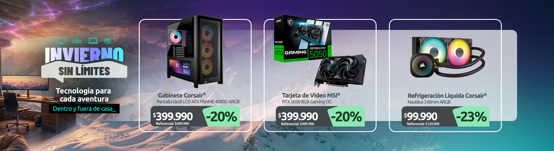 Gabinete Pantalla táctil LCD ATX FRAME 4000D ARGB BK Tarjeta de Video NVIDIA GeForce RTX 5050 8G Gaming OC Refrigeración Liquida Nautilus 240mm ARGB