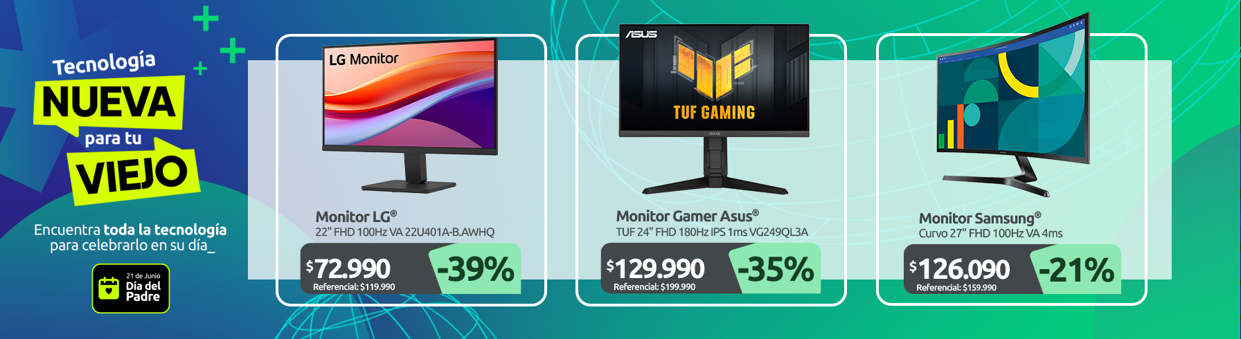 Monitor LG 22" FHD 100Hz VA 22U401A B AWHQ Monitor Gamer ASUS TUF 24" FHD 180Hz IPS 1ms VG249QL3A Monitor Samsung Curvo 27" FHD 100Hz VA 4ms S36GD
