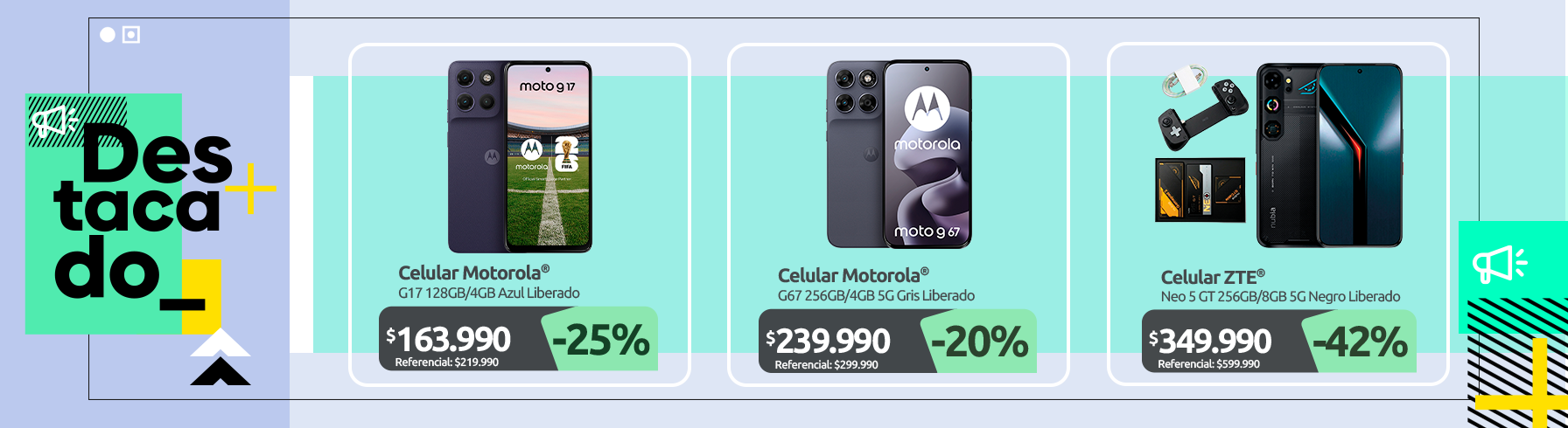 Celular Motorola G17 128GB 4GB Azul Liberado Ceular Motorola G67 256GB 4GB 5G Gris Liberado Celular ZTE Neo 5 GT 256GB 8GB 5G Negro Liberado bundle gamepad cable
