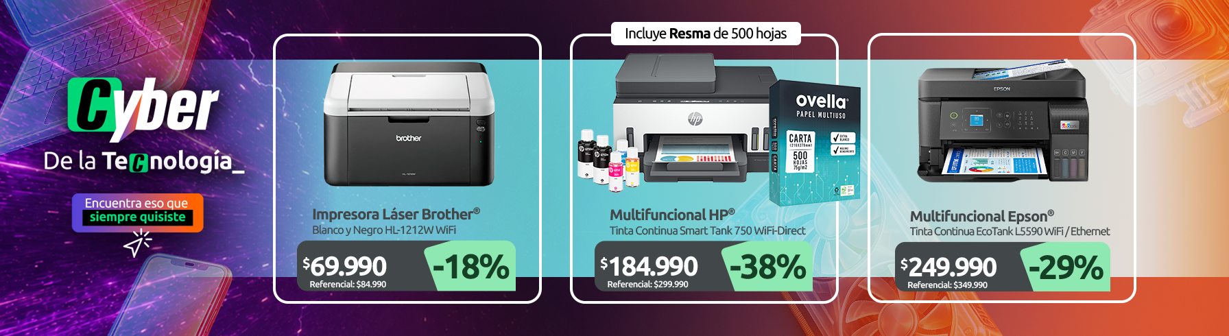 Impresora Láser Blanco y Negro HL 1212W WiFi Multifuncional Tinta Continua Smart Tank 750 WiFi Direct Dúplex ADF Multifuncional Tinta Continua EcoTank L5590 WiFi Ethernet