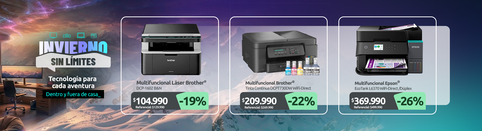 Multifuncional Láser Blanco y Negro DCP 1602 Multifuncional Tinta Continua InkBenefit Tank DCPT730DW WiFi Direct ADF Multifuncional Tinta Continua EcoTank L6370 WiFi Direct Dúplex