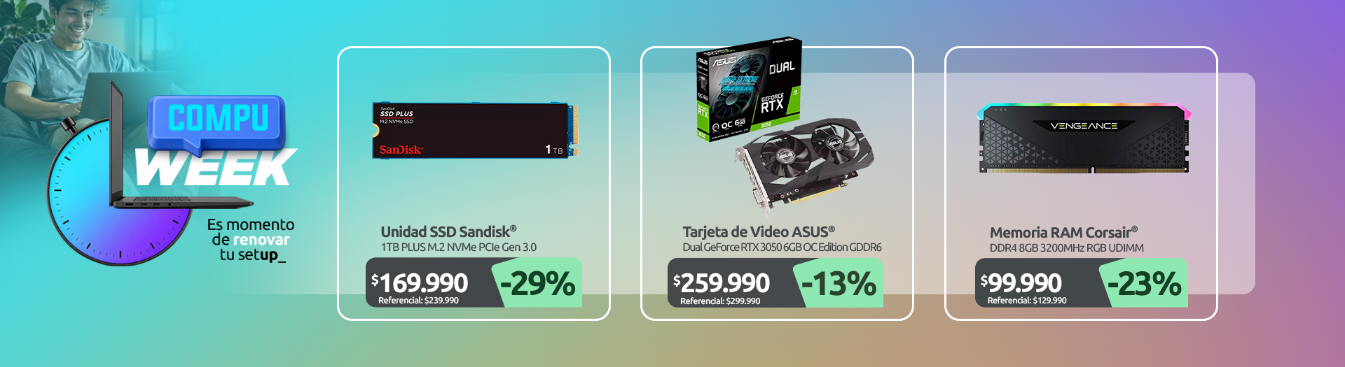Unidad SSD 1TB PLUS M 2 NVMe PCIe Gen 3 0 Tarjeta de Video NVIDIA Dual GeForce RTX 3050 6GB OC Edition GDDR6 Memoria RAM DDR4 8GB 3200MHz RGB UDIMM