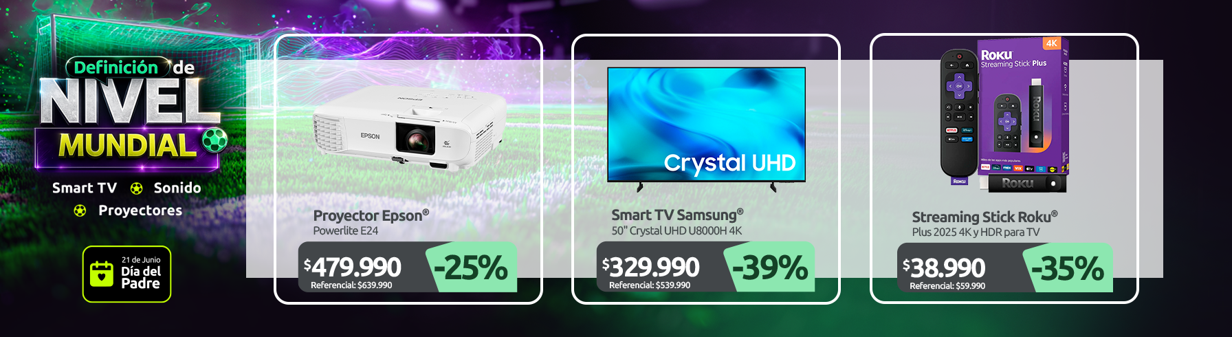 Proyector Powerlite E24 Smart TV Samsung 50" Crystal UHD U8000H 4K Roku® Streaming Stick™ Plus 2025 Dispositivo de streaming 4K y HDR para TV