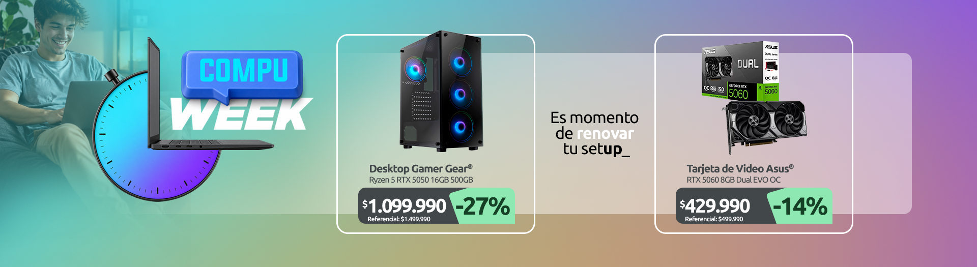 Desktop Gear Gamer Ryzen 5 8400F NVIDIA RTX 5050 16GB RAM 500GB SSD Tarjeta de Video NVIDIA GeForce RTX 5060 8GB Dual EVO OC