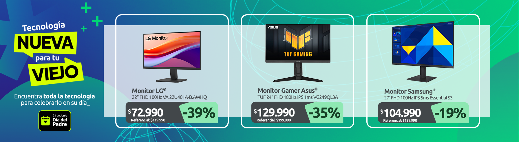 Monitor LG 22" FHD 100Hz VA 22U401A B AWHQ Monitor Gamer ASUS TUF 24" FHD 180Hz IPS 1ms VG249QL3A Monitor Samsung 27" FHD 100Hz IPS 5ms Essential S3 LS27D300GALXZS
