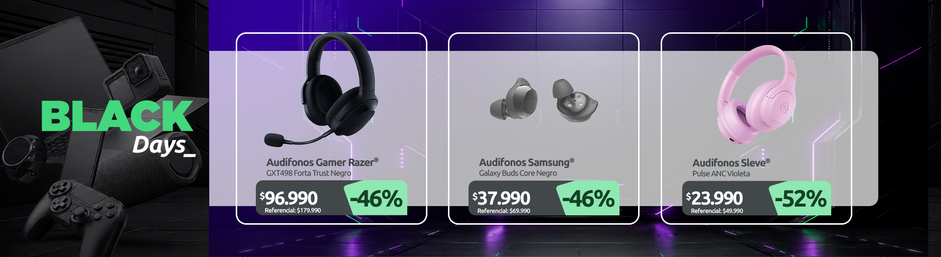 Audífonos Gamer GXT498 Forta Trust Negro Audífonos Galaxy Buds Core Negro Audífonos Sleve Pulse ANC Violeta