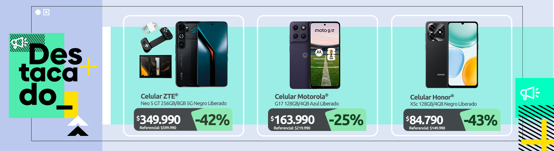 Celular ZTE Neo 5 GT 256GB 8GB 5G Negro Liberado bundle gamepad cable Celular Motorola G17 128GB 4GB Azul Liberado Celular Honor X5c 128GB 4GB Negro Liberado
