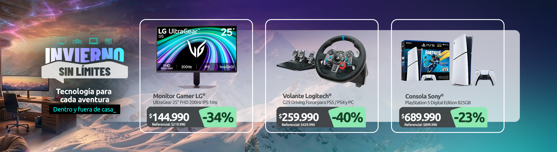 Monitor Gamer UltraGear 25" FHD 200Hz IPS 1ms 25G523B B AWH Volante G29 Driving Force para PS5 PS4 y PC Consola PlayStation 5 Digital Edition 825GB – Fortnite Flowering Chaos Bundle
