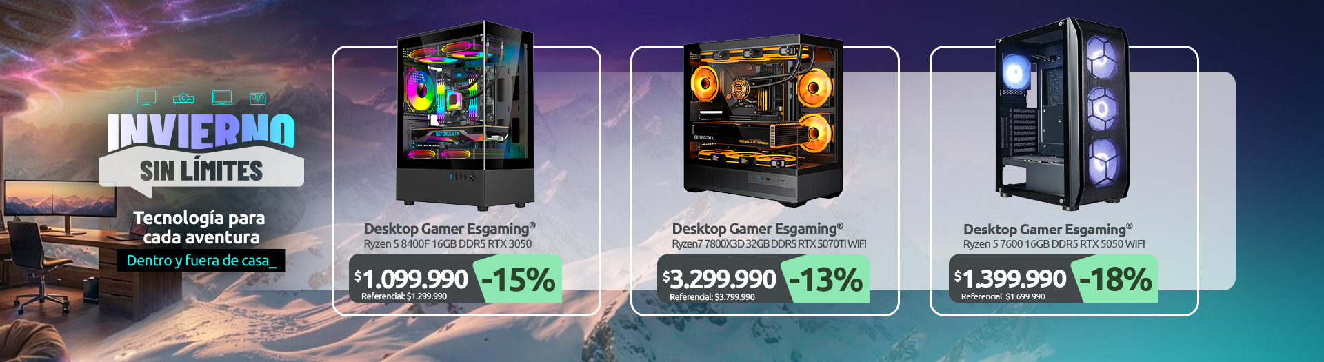 Desktop Gamer Esgaming Ryzen 5 8400F 16GB DDR5 RTX 3050 Desktop Gamer Esgaming Ryzen 7 7800X3D 32GB DDR5 RTX 5070TI WIFI Desktop Gamer Esgaming Ryzen 5 7600 16GB DDR5 RTX 5050 WIFI