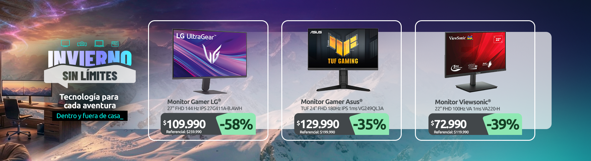 Monitor Gamer LG 27" FHD 144 Hz IPS 27G411A B AWH Monitor Gamer ASUS TUF 24" FHD 180Hz IPS 1ms VG249QL3A Monitor Viewsonic 22" FHD 100Hz VA 1ms VA220 H
