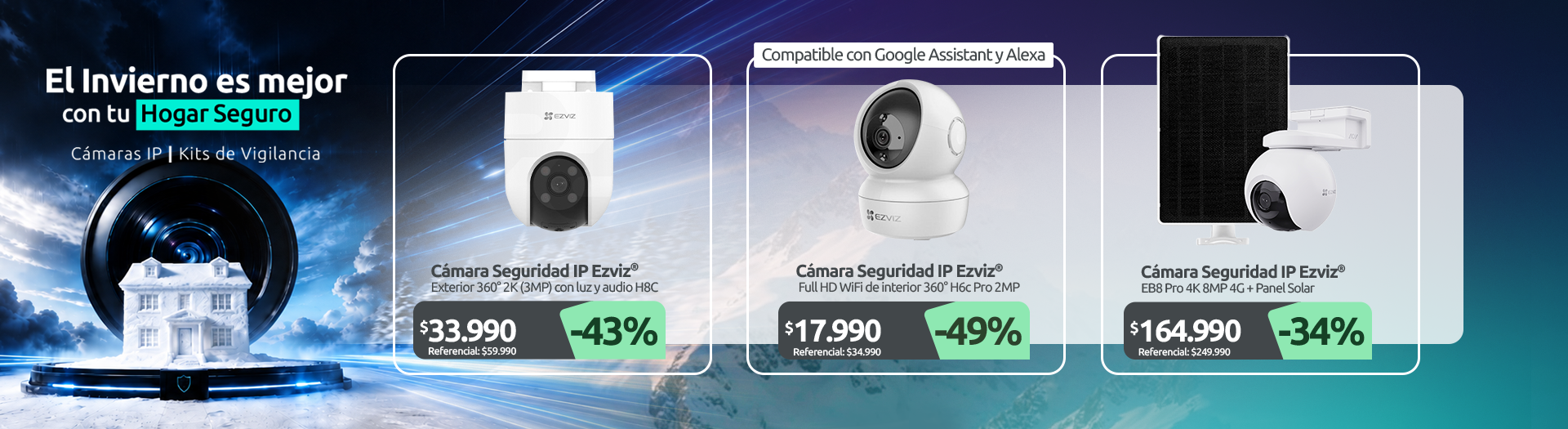Cámara seguridad IP de exterior 360° 2K (3MP) con luz y audio H8C Cámara Seguridad IP Full HD WiFi de interior 360° H6c Pro 3MP compatible con Google Assistant y Alexa Cámara Seguridad IP EB8 Pro 4K 8MP 4G Panel Solar