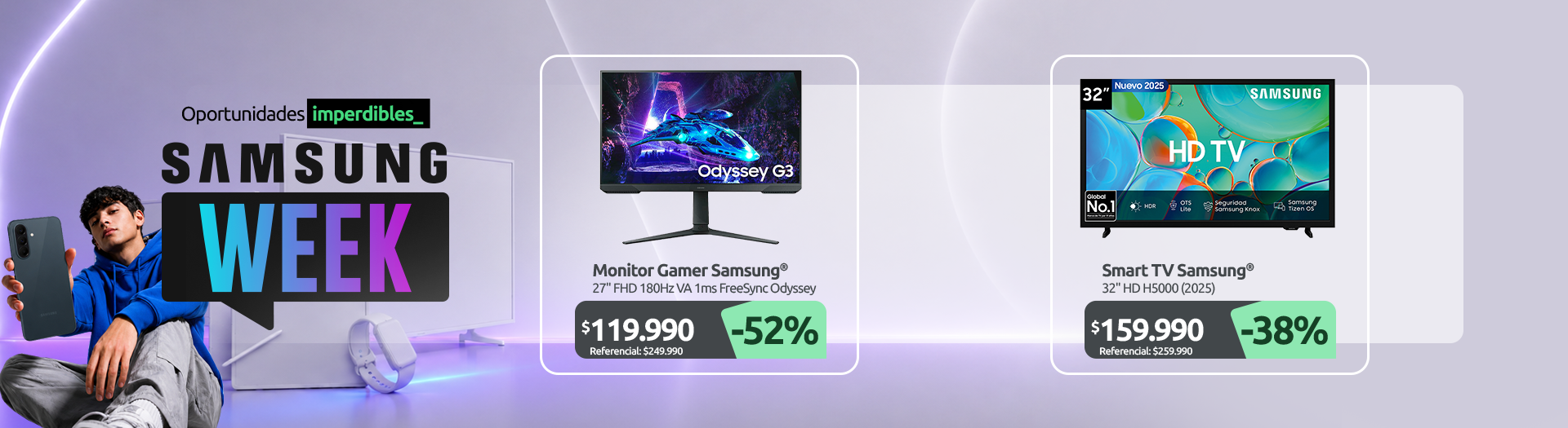 Monitor Gamer Samsung 27" FHD 180Hz VA 1ms FreeSync Odyssey G3 LS27DG300ELXZS Smart TV Samsung 32" HD H5000
