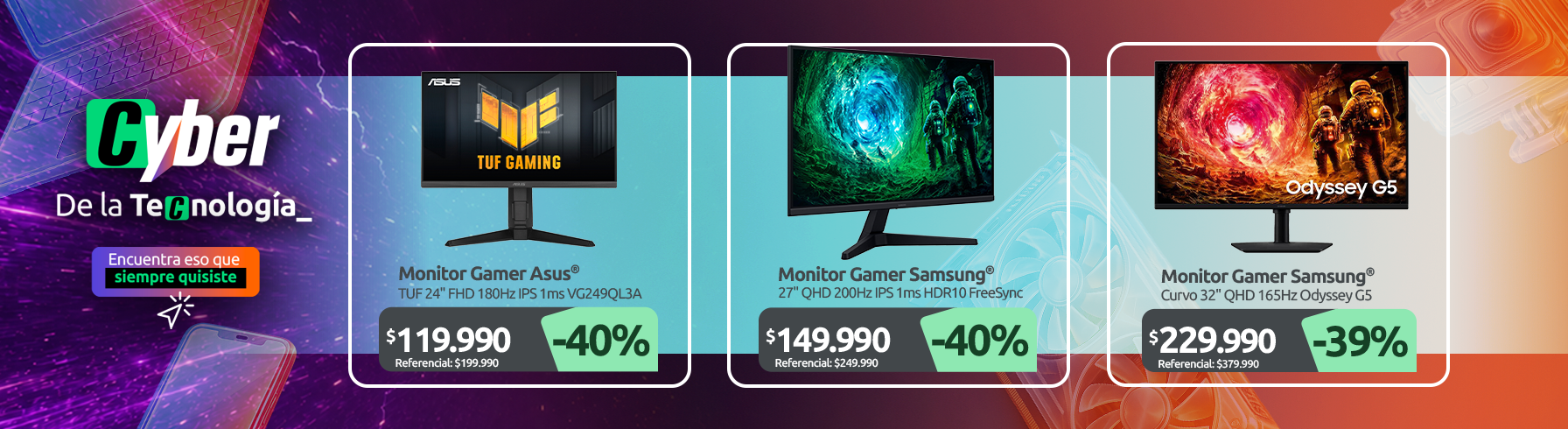 Monitor Gamer ASUS TUF 24" FHD 180Hz IPS 1ms VG249QL3A Monitor Gamer Samsung 27" QHD 200Hz IPS 1ms HDR10 FreeSync Odyssey G5 LS27FG530ELXZS Monitor Gamer Samsung 32" QHD 180Hz VA 1ms HDR10 FreeSync Odyssey G5 LS32FG500ELXZS