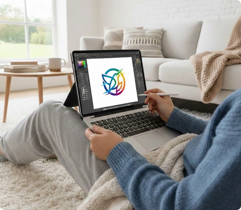 Una persona sentada cómodamente en el suelo de su sala, utilizando un lápiz óptico para retocar un logotipo colorido en la pantalla de un notebook 2 en 1 en modo tablet.